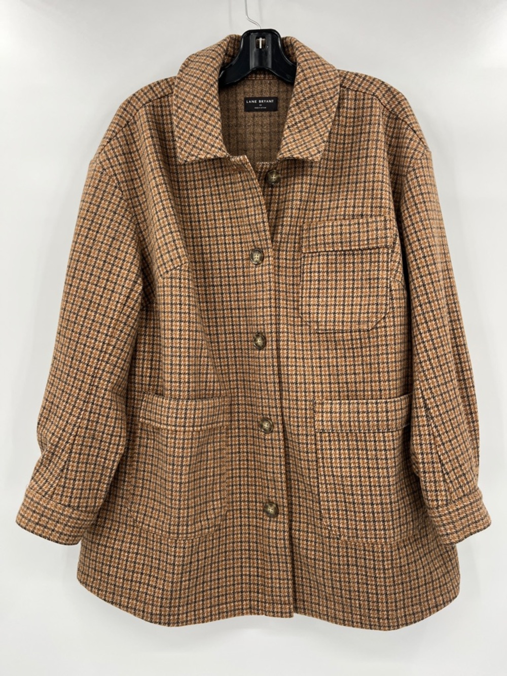 Lane Bryant Camel Plaid Button-Up Pea Shirt Coat Size 14